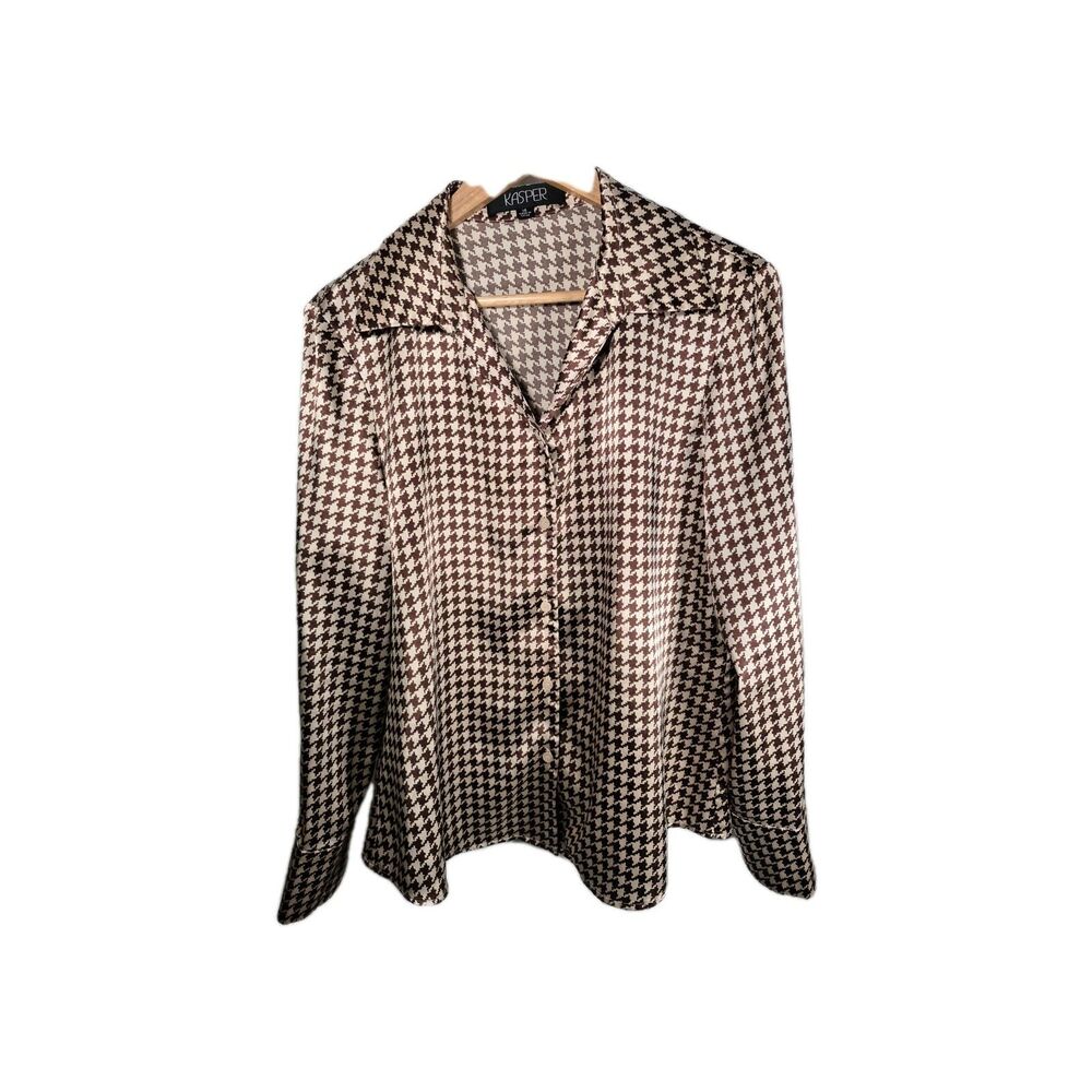 KASPER LADIES SIZE 14 BROWN HOUNDSTOOTH DESIGN BUTTON DOWN BLOUSE